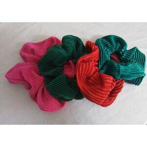 Velvet Ribbed Hair Scrunchies Set Of 4 In Pink Green & Red